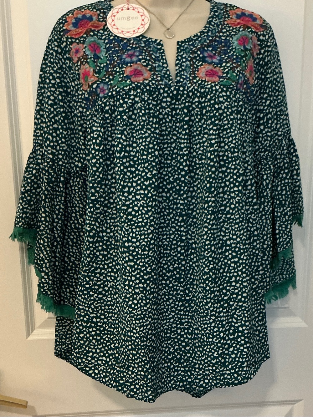 Umgee Teal Floral-Embroidered Peasant Tunic